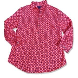 ⭐️LANDS END Multi Red Pink Button Shirt Popover Blouse 3/4 Sleeve